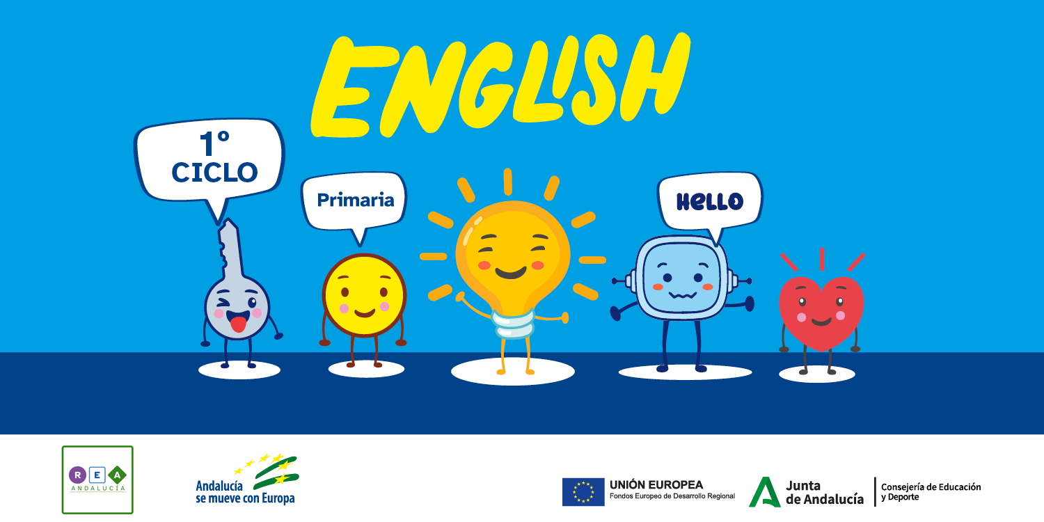La imagen muestra la portada de los REA de inglés del primer ciclo de primaria donde aparecen Clavis, Motus, Lumen, Rétor y Kardia