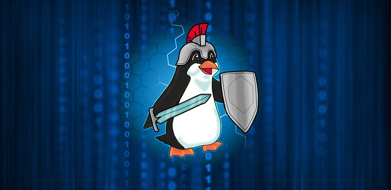 Ilustración que muestra a un pingüino con una armadura, un casco y una espada simulando una defensa