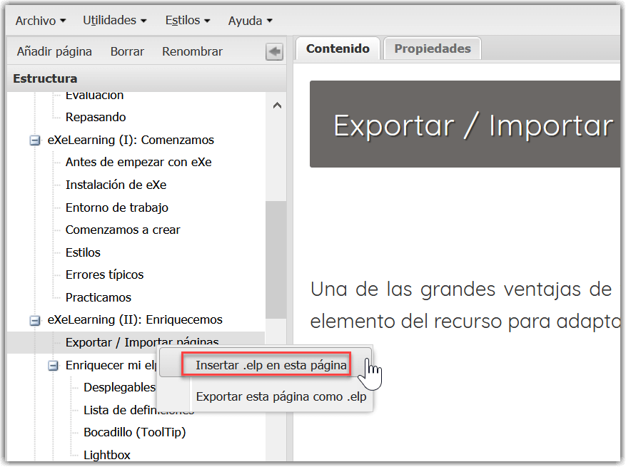 Insertar elp Importar página