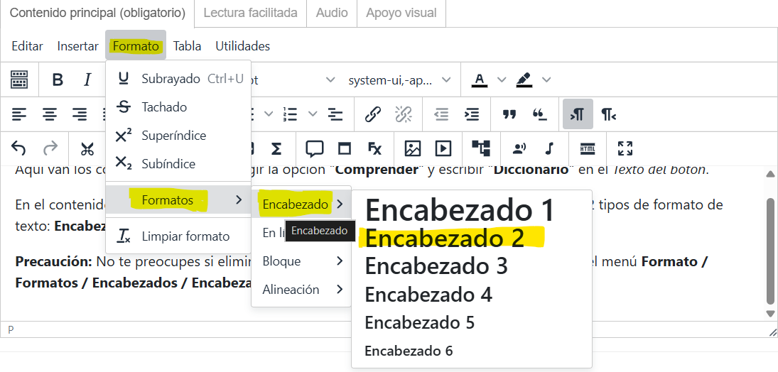 Imagen con la ruta para llegar al formato Encabezado 2